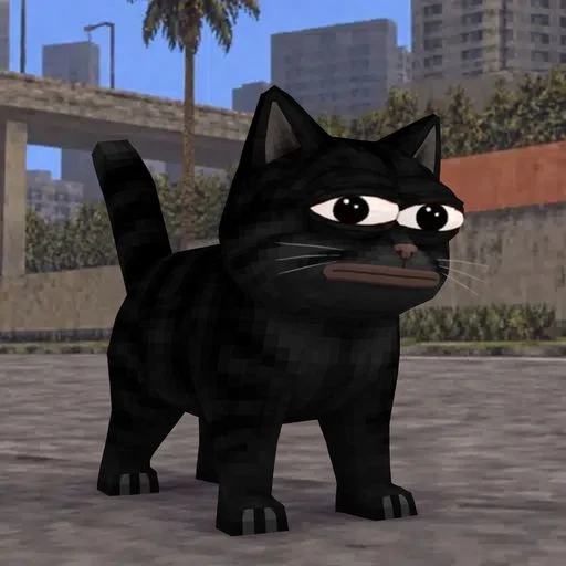 BAPE, a low-poly black cat with heavy-lidded eyes, standing on a city street